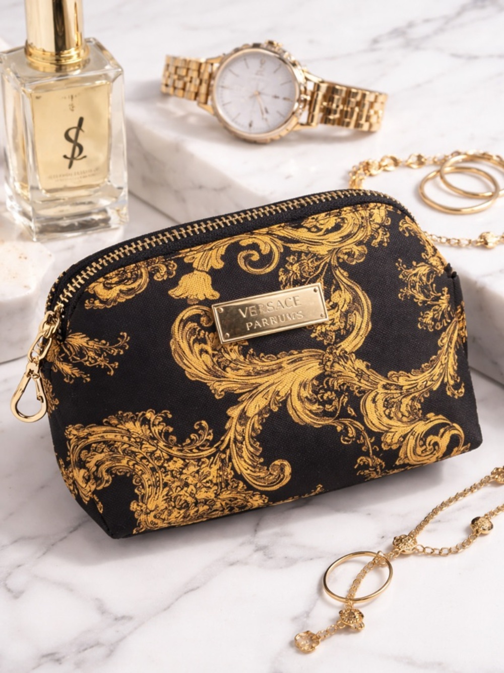 Versace Parfums Baroque Print Cosmetic Pouch Black & Gold | Travel  MINI POUCH